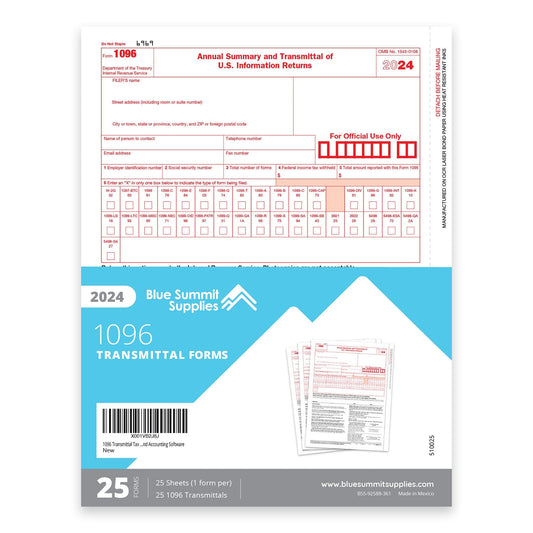 2024 Blue Summit Supplies 1096 Transmittal Tax Forms Summary Laser Forms, Compatible with QuickBooks and Accounting Software, 25 Pack