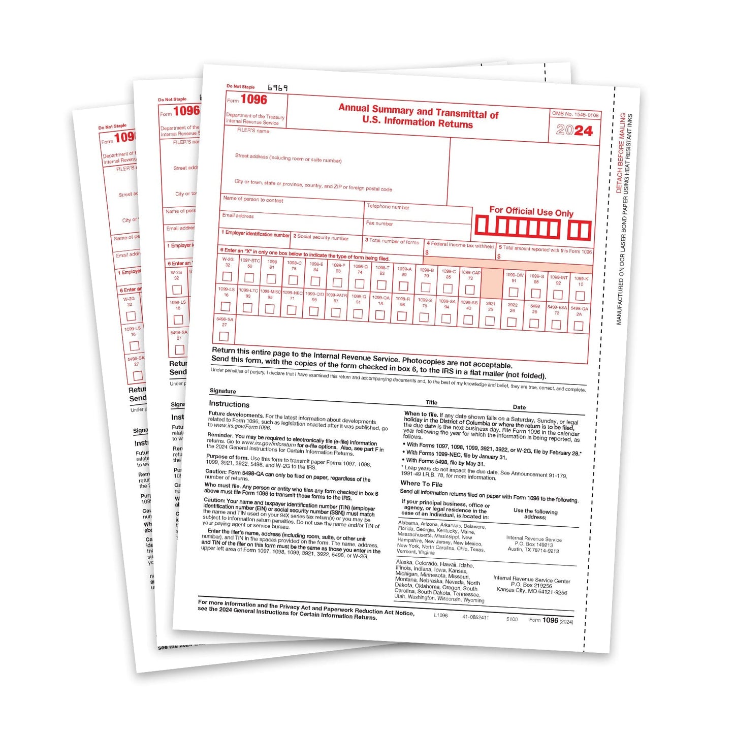 2024 Blue Summit Supplies 1096 Transmittal Tax Forms Summary Laser Forms, Compatible with QuickBooks and Accounting Software, 25 Pack