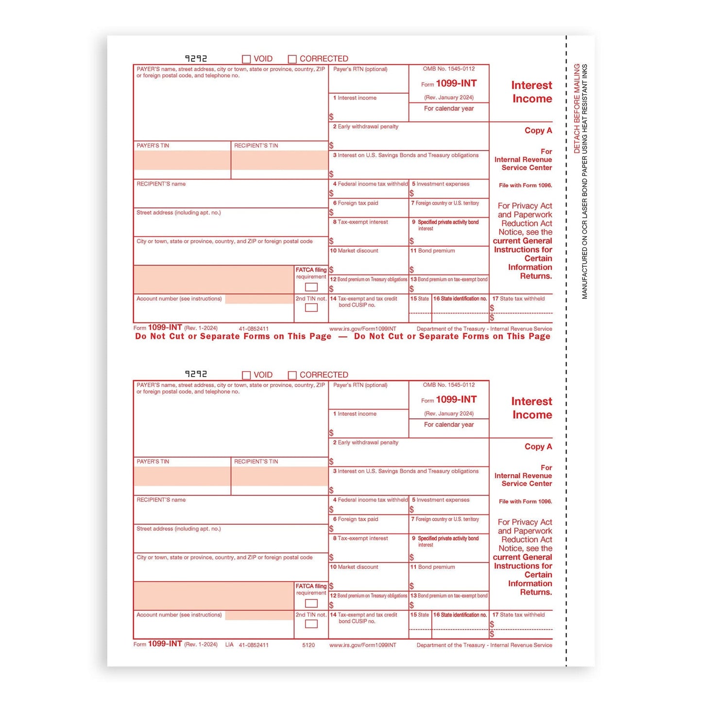 2024 Blue Summit Supplies Tax Forms, 1099 INT 4 Part Tax Forms Bundle with Seal Seal Envelopes, 50-Count