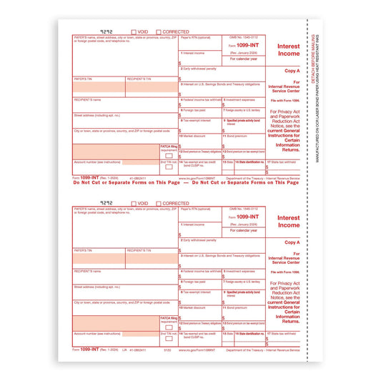 2024 Blue Summit Supplies Tax Forms, 1099 INT 4 Part Tax Forms Bundle with Seal Seal Envelopes, 50-Count