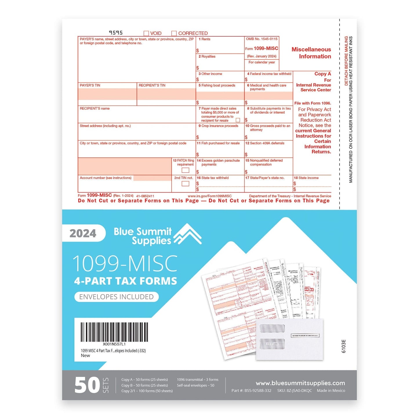 2024 Blue Summit Supplies Tax Forms, 1099 MISC 4 Part Tax Forms Bundle with Self Seal Envelopes, 50-Count